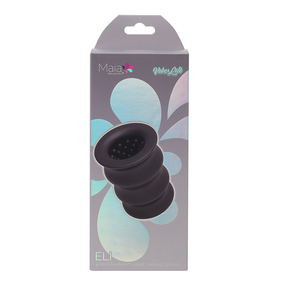ELI Black Vibelite 4-Inch Textured Liquid Silicone Stroker maiatoys.com ELI Black Vibelite 4-Inch Textured Liquid Silicone Stroker maiatoys.com