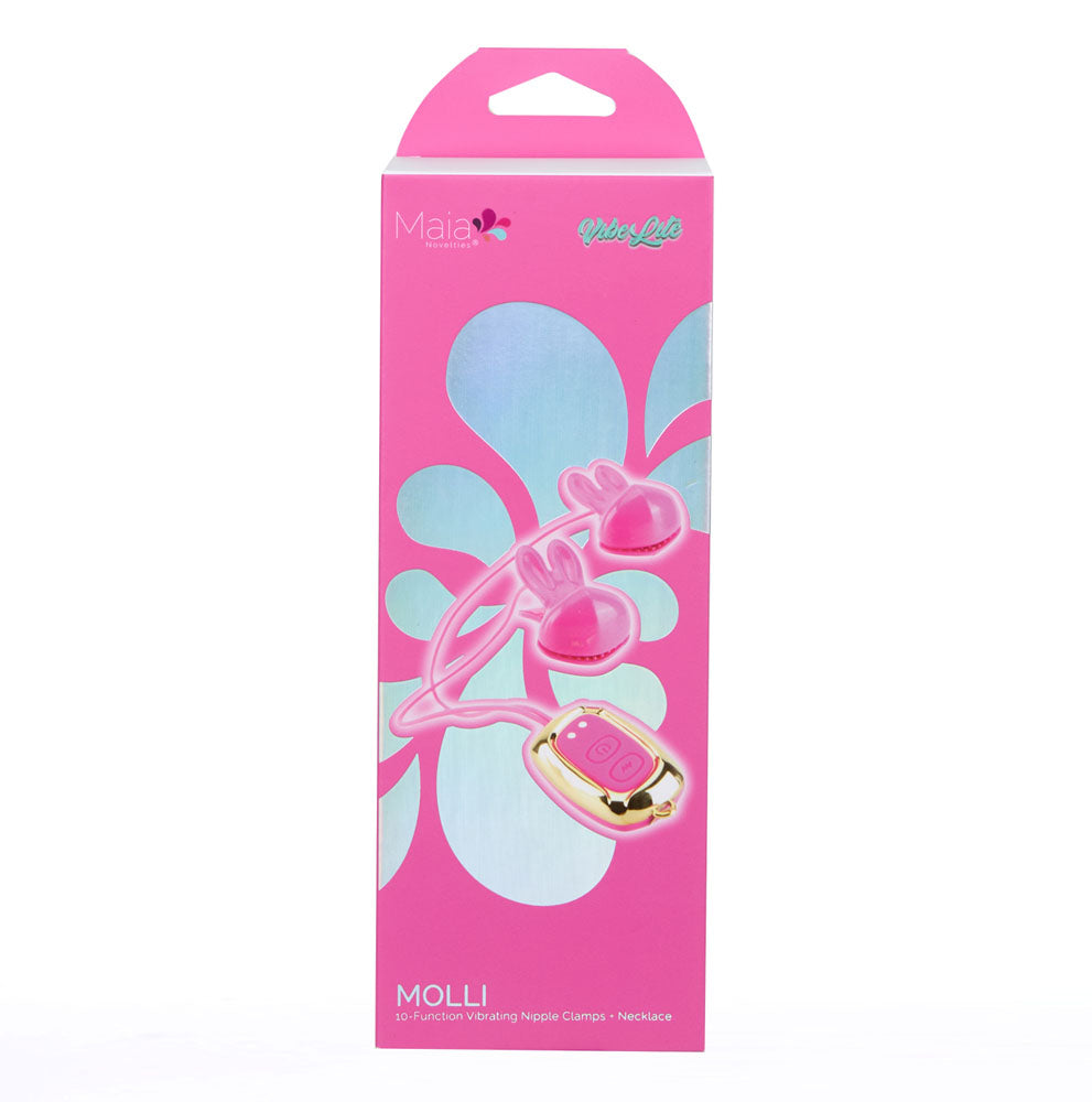 MOLLI PINK Vibelite 10-Function Vibrating Nipple Clamps + Necklace maiatoys.com MOLLI PINK Vibelite 10-Function Vibrating Nipple Clamps + Necklace maiatoys.com